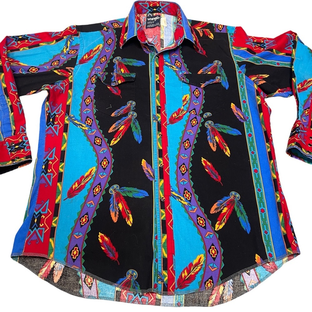 Wrangler Vintage Y2K 90’s Aztec Southwestern Feather Pearl Snap Shirt XL - Picture 3 of 9